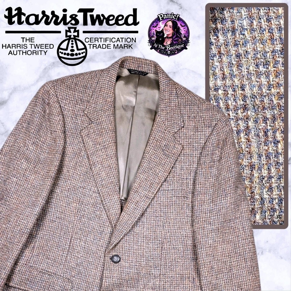 Vtg Harris Tweed Houndstooth Wool Blazer Mens 40R Gray Brown Made In USA Classic